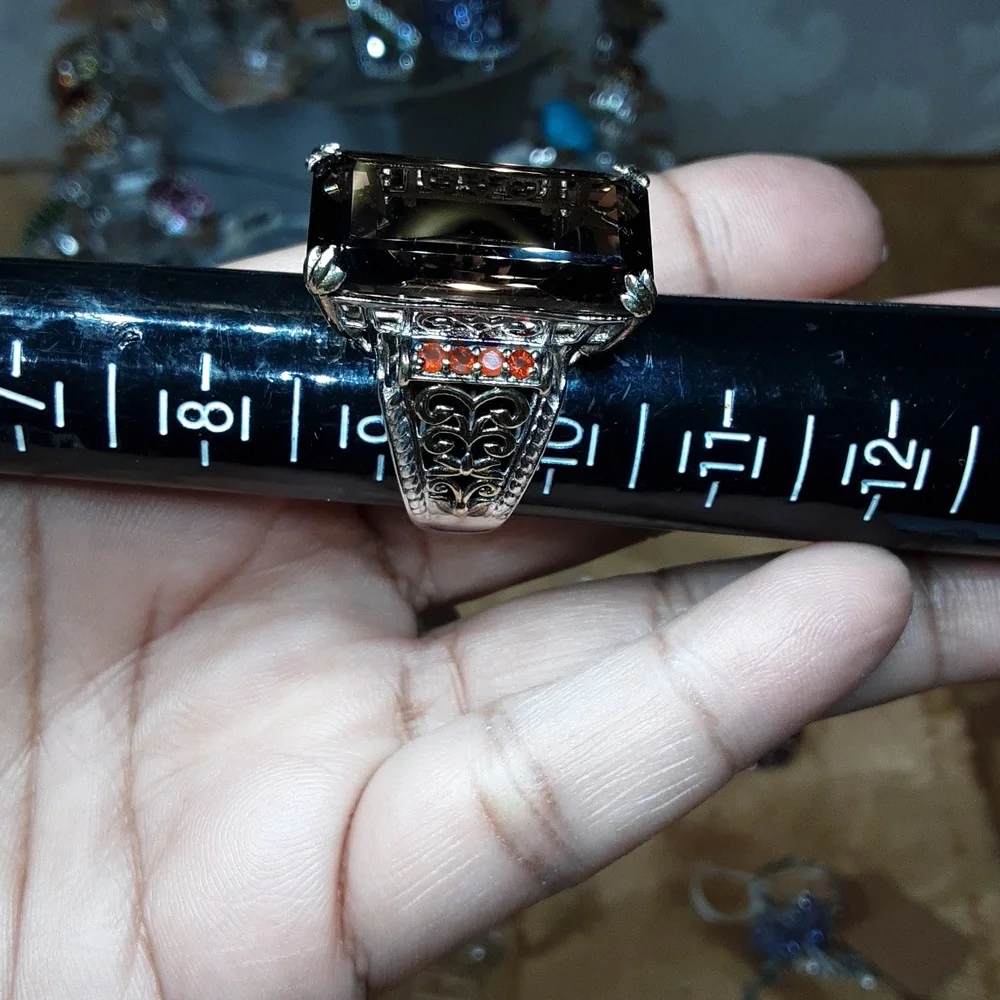 925 genuine smoky quartz, fire opal ring. - Picture 3 of 3
